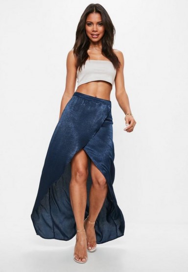 Missguided navy satin split maxi skirt | long blue wrap style skirts