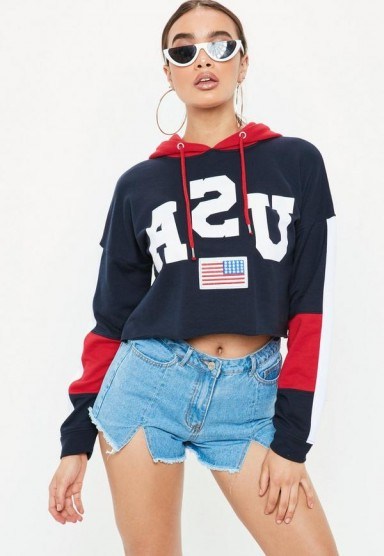 Missguided navy usa colour block cropped hoodie ~ sporty hooded tops - flipped