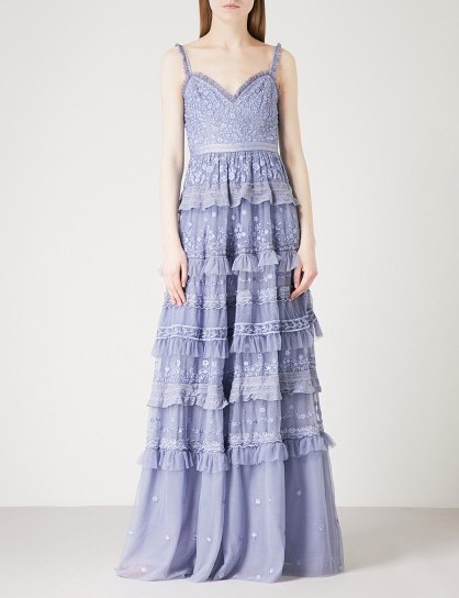 NEEDLE AND THREAD Iris Cami embroidered tulle gown in Lavender – frill trimmed maxi dresses - flipped