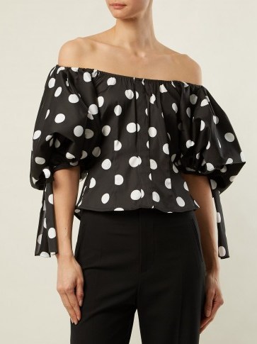 CAROLINE CONSTAS Nella off-the-shoulder polka-dot top ~ black and white spot print bardot tops - flipped