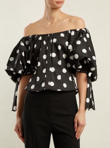 CAROLINE CONSTAS Nella off-the-shoulder polka-dot top ~ black and white spot print bardot tops