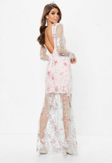 Missguided nude embroidered lace long sleeve maxi dress – long semi sheer scoop back dresses - flipped