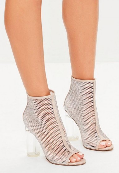 Missguided nude peep toe fishnet ankle boots – clear heeled booties