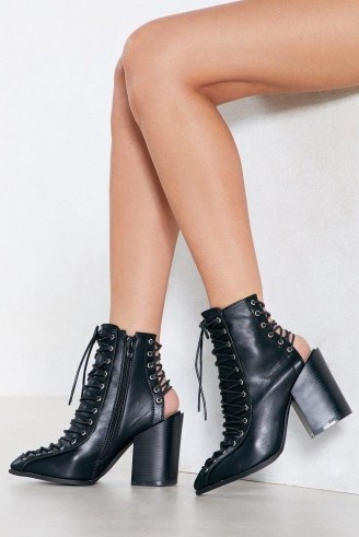 Nasty Gal Of Corset is Lace-Up Bootie – black open-back boots - flipped