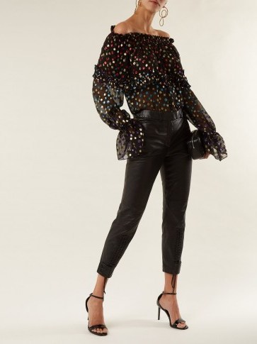 SAINT LAURENT Off-the-shoulder silk-blend blouse ~ metallic multicoloured polka dots - flipped