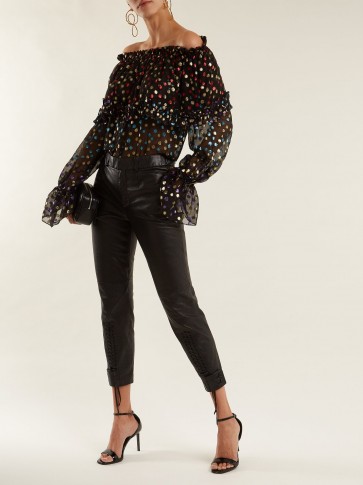 SAINT LAURENT Off-the-shoulder silk-blend blouse ~ metallic multicoloured polka dots