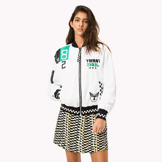 TOMMY JEANS OVERSIZED RACING BOMBER JACKET in BRIGHT WHITE | logo printed jackets - flipped