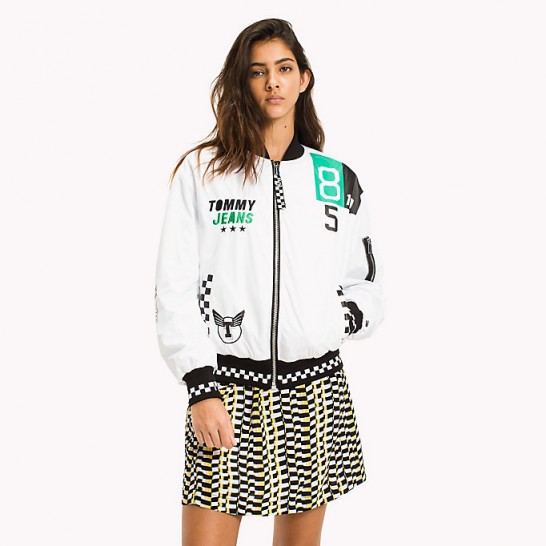 TOMMY JEANS OVERSIZED RACING BOMBER JACKET in BRIGHT WHITE | logo printed jackets