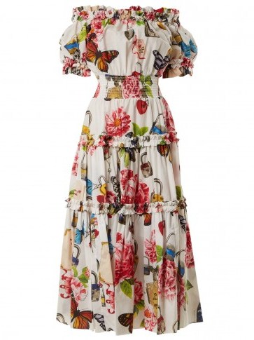 DOLCE & GABBANA Padlock and garden-print off-shoulder dress ~ feminine vacation dresses ~ bardot - flipped