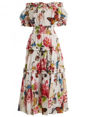 DOLCE & GABBANA Padlock and garden-print off-shoulder dress ~ feminine vacation dresses ~ bardot