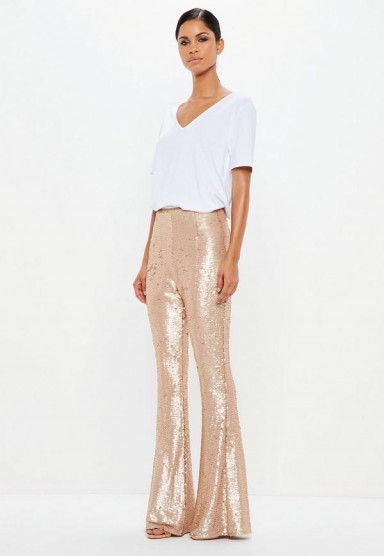 peace + love gold matte sequin flared trousers | metallic flares