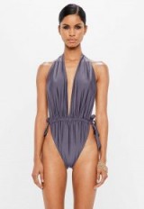 peace + love grey deep plunge low back swimsuit – poolside glamour