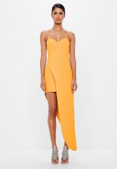 MISSGUIDED peace + love yellow asymmetric hem wrap dress ~ cami strap going out dresses - flipped
