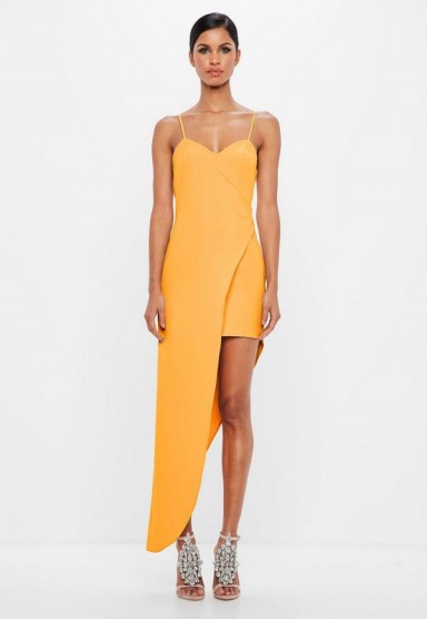 MISSGUIDED peace + love yellow asymmetric hem wrap dress ~ cami strap going out dresses