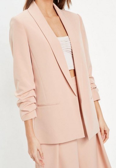 Missguided peach ruched sleeve blazer – gathered sleeved jackets - flipped