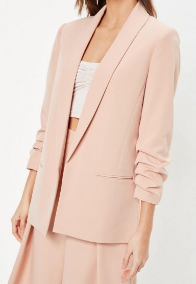 Missguided peach ruched sleeve blazer – gathered sleeved jackets