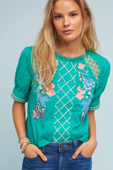 Maeve Perennial Blouse | vintage style floral embroidered tops