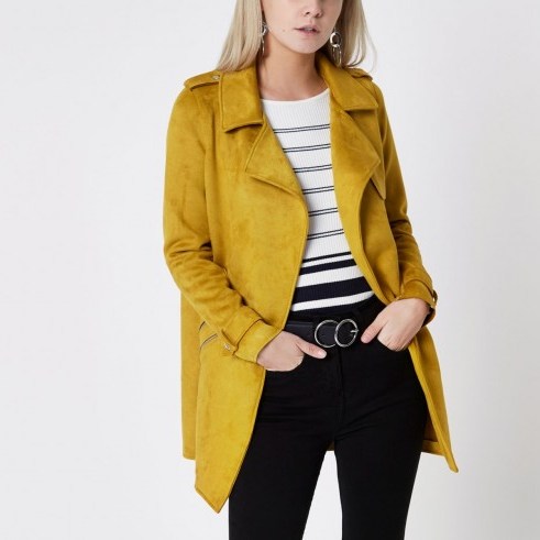 RIVER ISLAND Petite mustard yellow faux suede trench coat - flipped