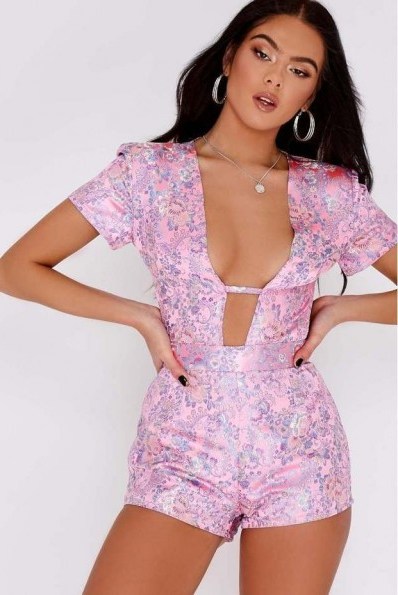 PIA MIA PINK JACQUARD PLUNGE FRONT PLAYSUIT ~ plunging playsuits - flipped