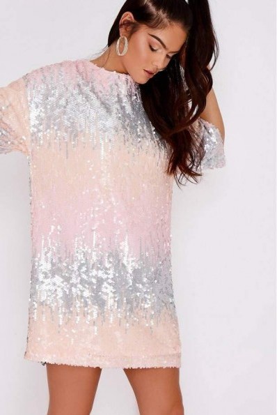PIA MIA PINK OMBRE SEQUIN OVERSIZED T SHIRT DRESS ~ shimmering dresses - flipped