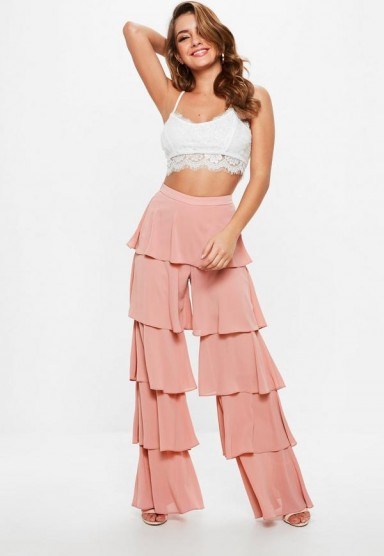 Missguided pink chiffon tiered frill wide leg trousers – frilled pants - flipped