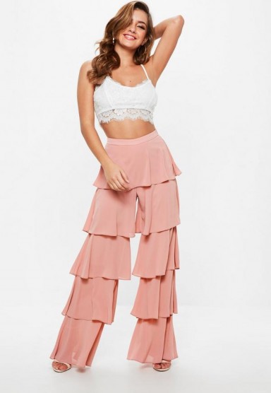 Missguided pink chiffon tiered frill wide leg trousers – frilled pants