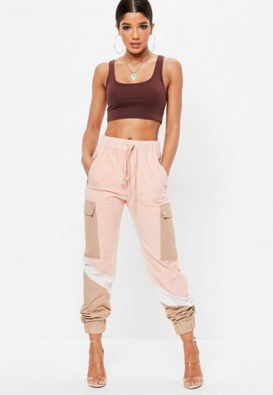 Missguided pink contrast panelled utility trousers | sports luxe joggers