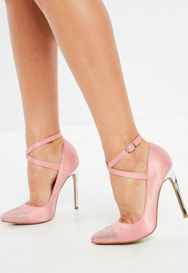 Missguided pink embellished toe heeled court shoes – strappy cross front courts - flipped