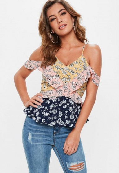 Missguided pink floral print cami top ~ strappy cold shoulder tops