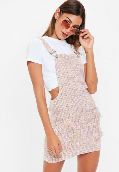 Missguided pink metallic textured pinafore dress – fringed pinafores - flipped