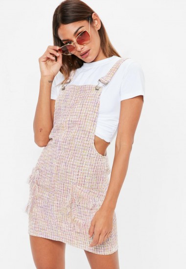 Missguided pink metallic textured pinafore dress – fringed pinafores