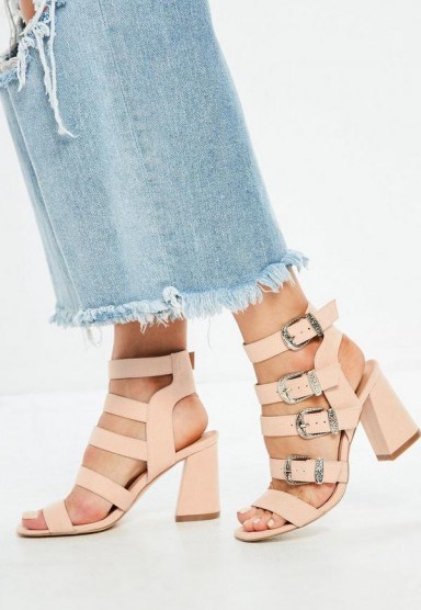 Missguided pink multi western buckle block heels – thick strappy sandals - flipped