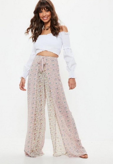 MISSGUIDED pink paisley print tie waist trousers ~ sheer summer trousers
