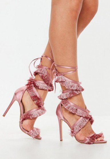 Missguided pink satin tassel lace up heeled sandal – strappy fringed party shoes
