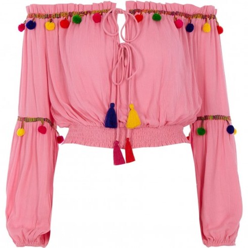 River Island Pink shirred bardot multicolour pom pom top – boho tops – festival fashion - flipped