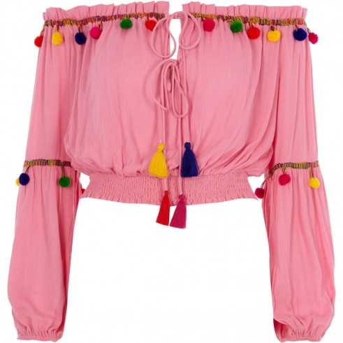 River Island Pink shirred bardot multicolour pom pom top – boho tops – festival fashion