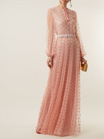 LUISA BECCARIA Polka-dot-tulle long-sleeved gown ~ luxe pink semi sheer event gowns - flipped