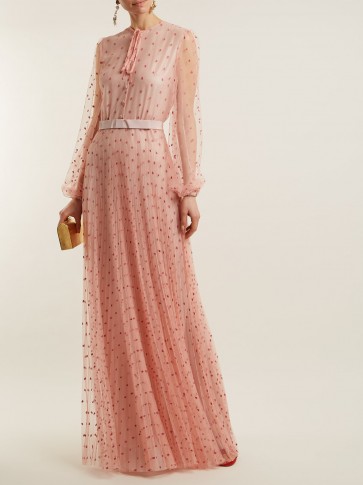 LUISA BECCARIA Polka-dot-tulle long-sleeved gown ~ luxe pink semi sheer event gowns