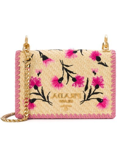 PRADA floral-embroidered crossbody bag – pink leather and braided straw flap bags - flipped