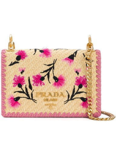 PRADA floral-embroidered crossbody bag – pink leather and braided straw flap bags