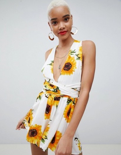 PrettyLittleThing Sunflower Print Tie Waist Playsuit | floral plunge front playsuits - flipped