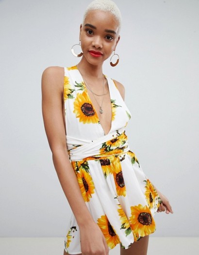 PrettyLittleThing Sunflower Print Tie Waist Playsuit | floral plunge front playsuits
