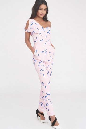 LAVISH ALICE print cold shoulder jumpsuit – pink asymmetric jumpsuits - flipped