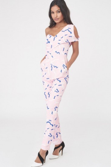 LAVISH ALICE print cold shoulder jumpsuit – pink asymmetric jumpsuits