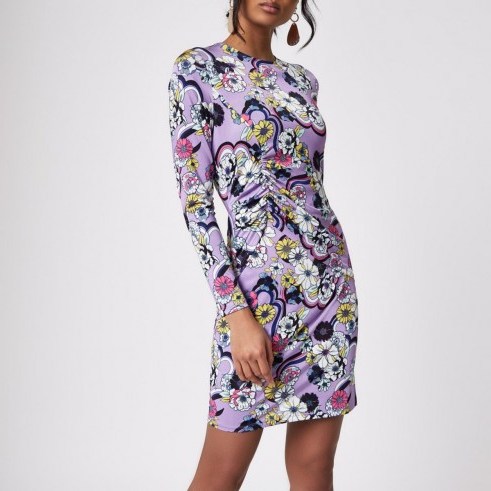 River Island Purple ruched floral bodycon dress – gathered printed dresses - flipped
