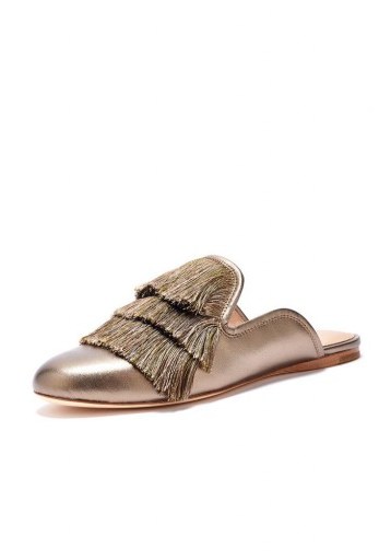 RACHEL ZOE Kaius Fringed Metallic Leather Slippers in Old Gold | luxe flats | flat mules - flipped