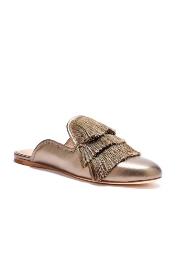RACHEL ZOE Kaius Fringed Metallic Leather Slippers in Old Gold | luxe flats | flat mules
