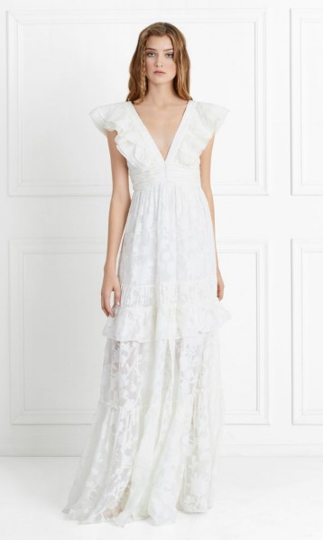 RACHEL ZOE Violet Fil Coupe Gown | plunge front frill trimmed gowns