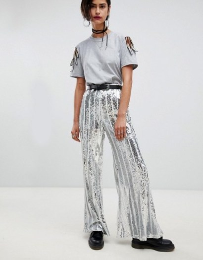 Ragyard Stripe Sequin Flare Trousers | silver metallic flares - flipped