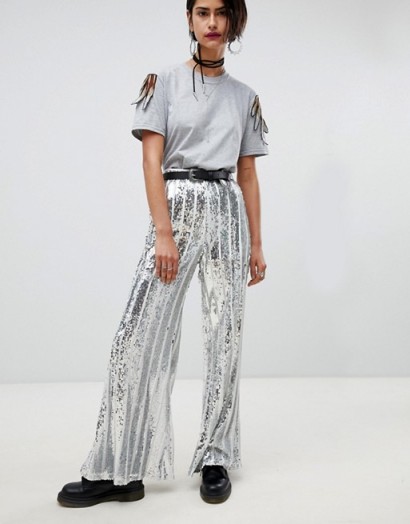 Ragyard Stripe Sequin Flare Trousers | silver metallic flares